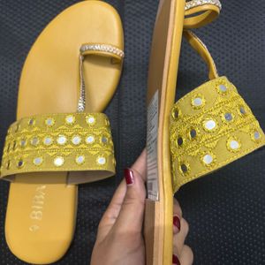 Biba (New) Yellow Embellished Open Toe Flats