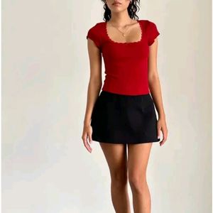 Red Lace Neckline Top