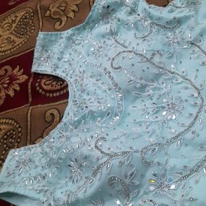 floor touch sky blue gown with dupatta