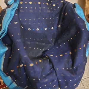 Navy Blue Tussar Silk with Sky Border