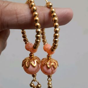 Designer Golden And Coral Beaded Earrings