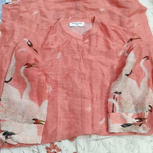 Printed Coral Silk Kurta