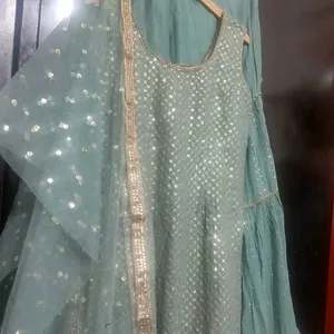 Greenish Grey Sharara Suit & Dupatta 34 Bust