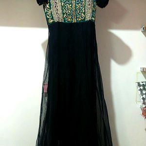 black clr anarkali dress with diamond work and golden zari work with Velvet RamaGreen Lace Bottom