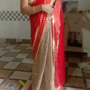 Red And Cream Colour Mirror Work Saree