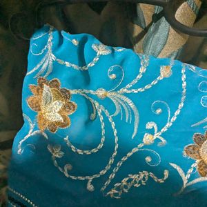 Blue Color Embroidery Saree