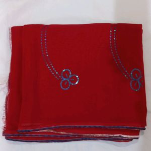 RED SAREE WITH BLUE SEQUIN WORK