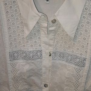 White Colored Shirt With Net Work On Front Sleeves