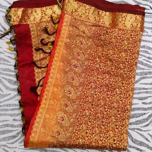 Orange N Maroon pure Kanchi pattu saree