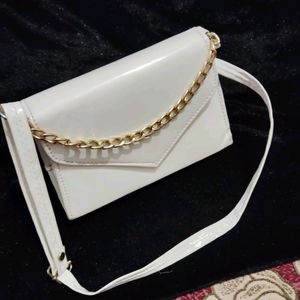 White Slingbag With Golden Chain For Girls And Wom