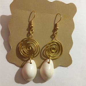 Gold Spiral With Shell Dangling Earrings