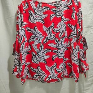 Branded Red Floral Top With Tie Up Sleeves