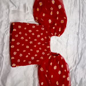 Red Flower Print Crop Top With Balloon Sleeves