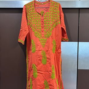 Chikankari Orange N Green Kurta