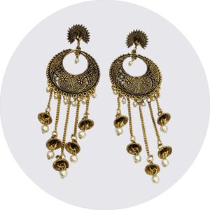 Brass Tone Oxidised Jhumki Earrings with Pearl Bea