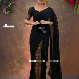 Black Ready To Wear Saree With Handwork Blouse