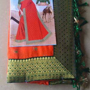 Elegant Poly Silk Orange Saree  Traditional Design