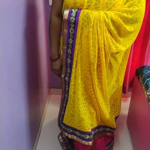 Pink Saree With Yellow Pallu