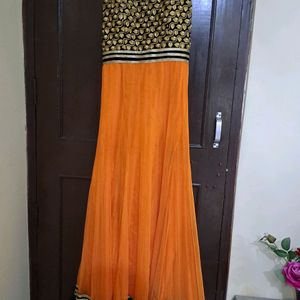 Orange Anarkali Suit With Velvet Border