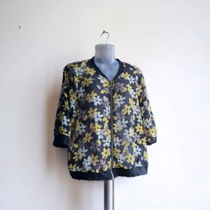 Floral Print Full Zip Fashion Top