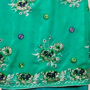 Sea Green Saree With Blouse & Peticot