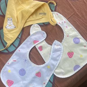 Combo Of Winter Cap And 2 Set Baby Bibs