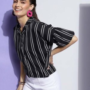 CLEMIRA Vertical Stripes Puff Sleeve Shirt Top