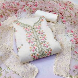 BEAUTIFUL WHITE CHANDERI SILK UNSTITCHED SUIT