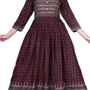 Women Printed Viscose Rayon Flared  Gowns Brown