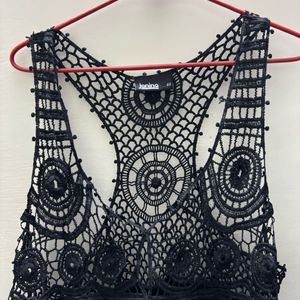 Black Hollow Out Crochet Tie Top