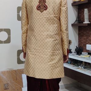 Men Sherwani Dhoti Stitched Set -Cream & Maroon