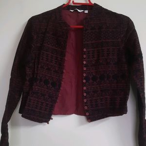 maroon ethnic printed jacket