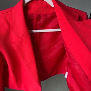 Mandarin Collar Long Sleeve Red Crop Blazer