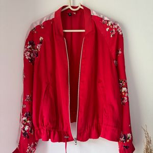 Red Bomber Jacket With Floral Sleeve Detailing