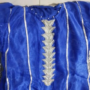 Organza Royal Blue Frock With Pajama And Dupatta