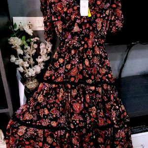 Quality Black&Rust Orange Floral Print Tiered Midi