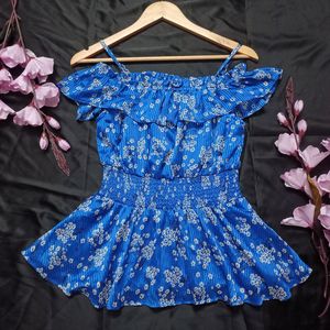 Cerulean Blue Peplum Printed Top