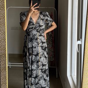 Palm Leaf Black Print Wrap Maxi Dress