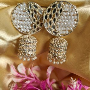 Ethnic Pearl White Golden Base Earrings