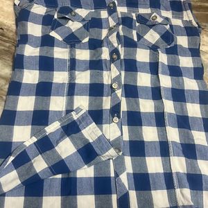 Blue & White Pure Cotton Check Sleeveless Shirt