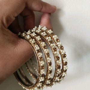 4 Set Gold Plated Bangles With White Pearls