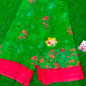 Green soft chiffon saree with contrast Blouse