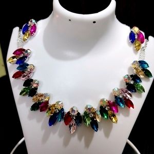 Glass Stone Necklace With Earring Multicolor