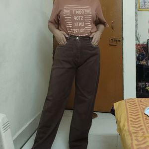 High Waist Straight Fit Brown Jeans