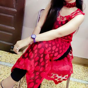 Red Transparent Net Long Kurti