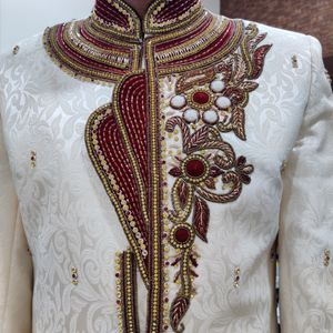 Men Sherwani Dhoti Stitched Set -Offwhite & Maroon