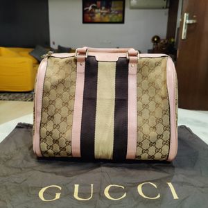 Auth Gucci Beige Canvas And Leather Web Boston Bag