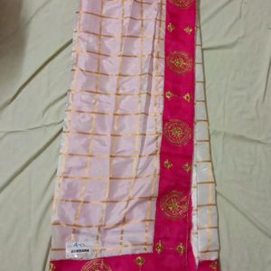 Pink,White And Golden Festive Saree