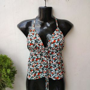 SHEIN Ditsy Floral Print Tie Backless Neck Top