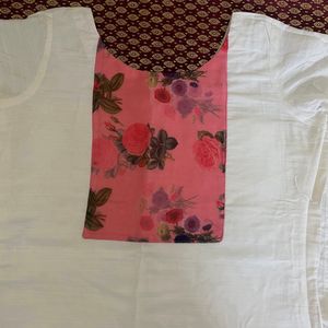 White Silk Kurti With Floral Yoke Design